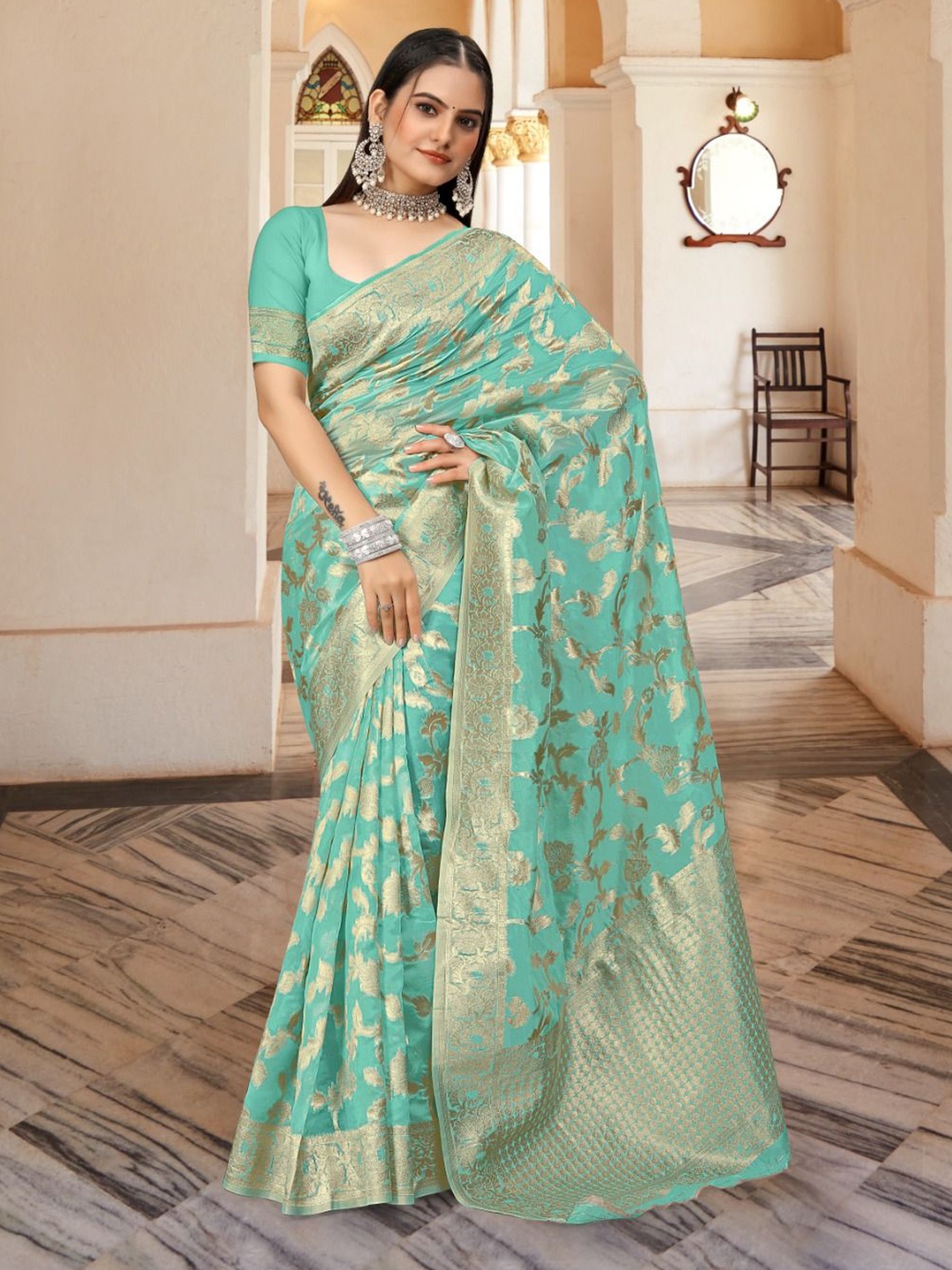 

Aagiri Women Woven Design Zari Organza Banarasi Saree, Turquoise blue