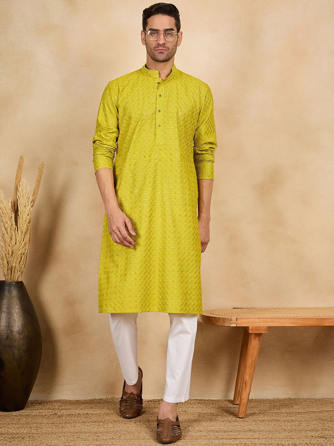 

House of Pataudi Embroidered Mandarin Collar Neck Kurta, Green