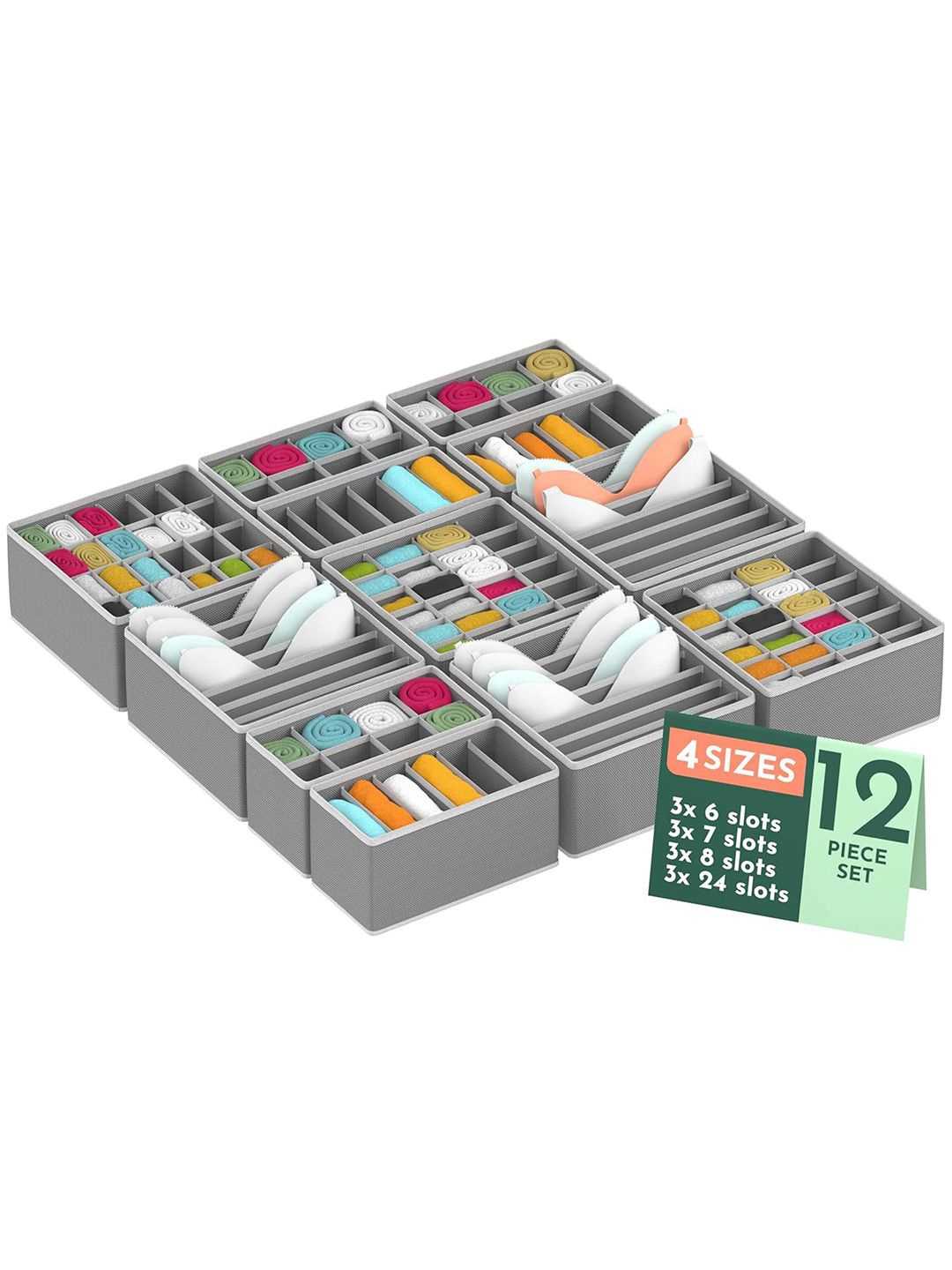 

Kuber Industries Grey Set of 12 Undergarment Reusable Storage Drawer Organisers