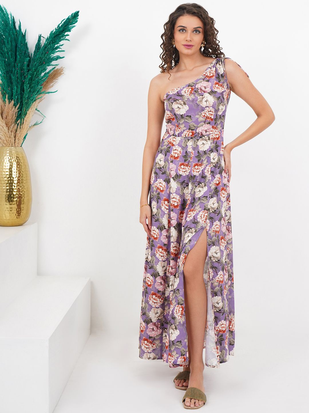 

Slumber Jill Women Floral Printed One Shoulder Sleeveless A-Line Maxi Dress, Purple
