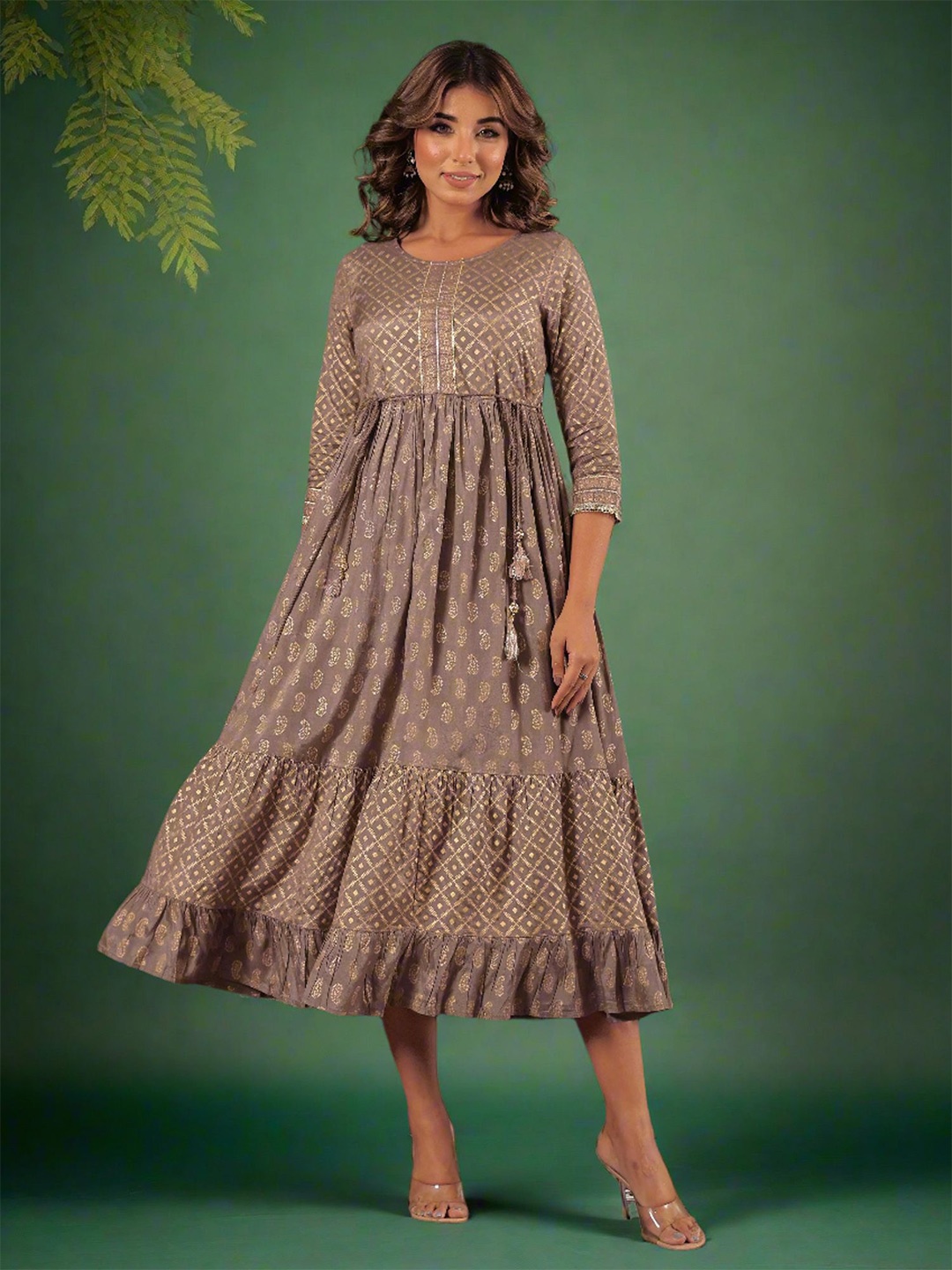 

HERE&NOW Women Floral Printed Fit & Flare Midi Dress, Grey