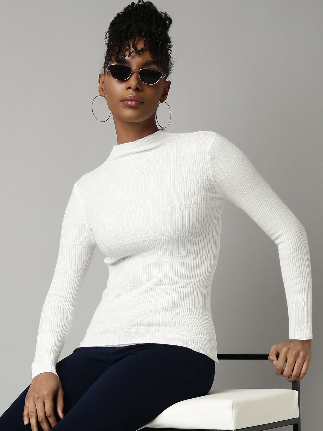 

SHOWOFF Women High Neck Knitted Top, Off white