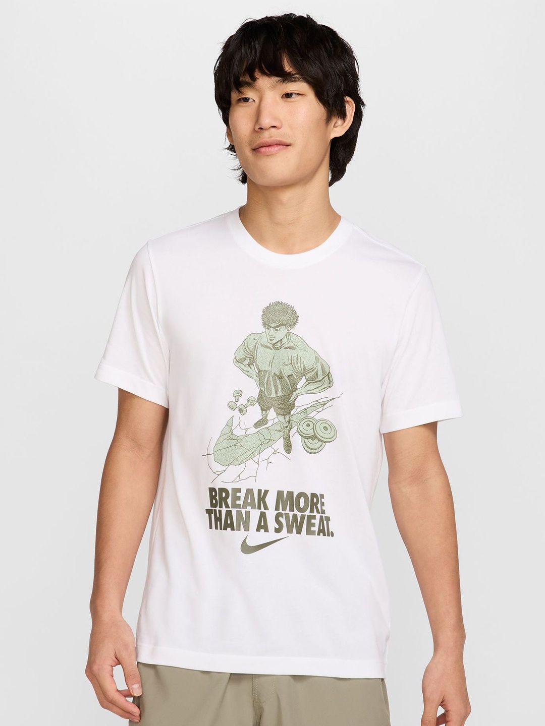 

Nike Men Dri-FIT Fitness Brand Logo Printed Cotton T-Shirt, White
