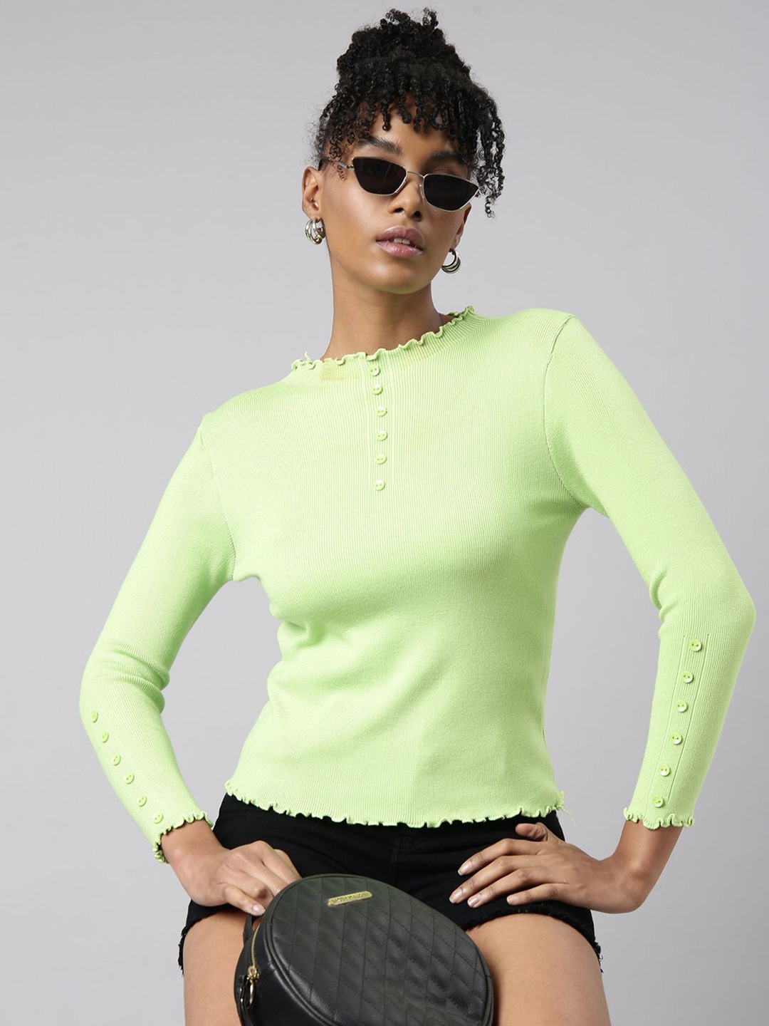 

SHOWOFF Women High Neck Ribbed Top, Green