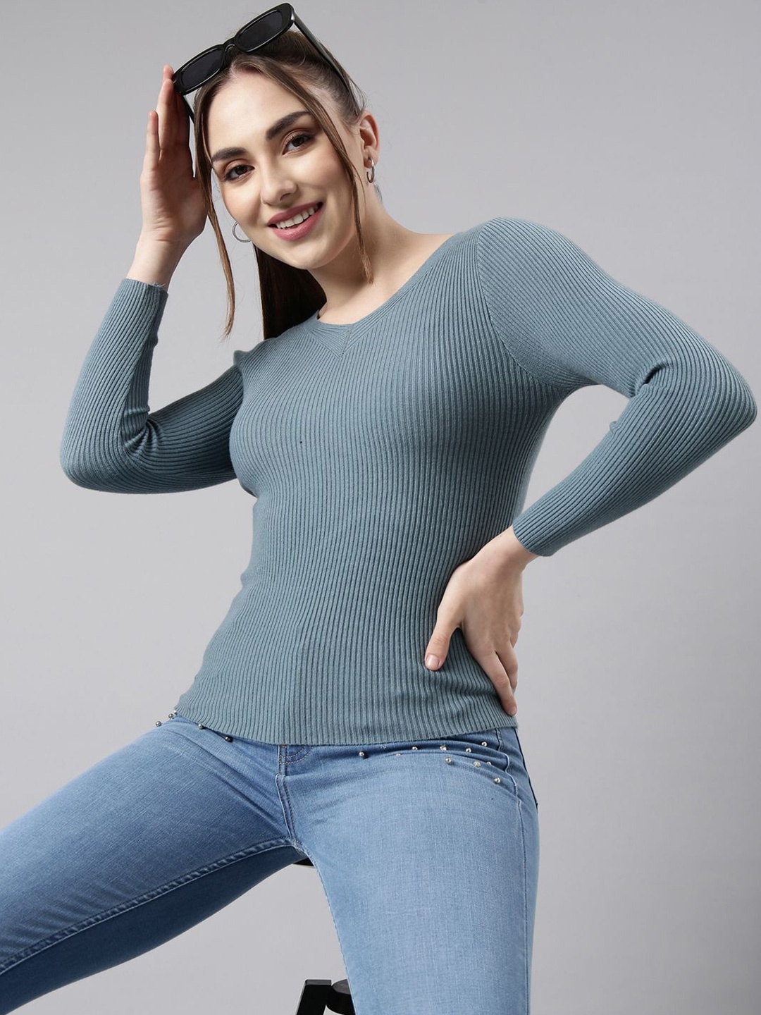 

SHOWOFF Women Self Design Long Sleeves Top, Grey