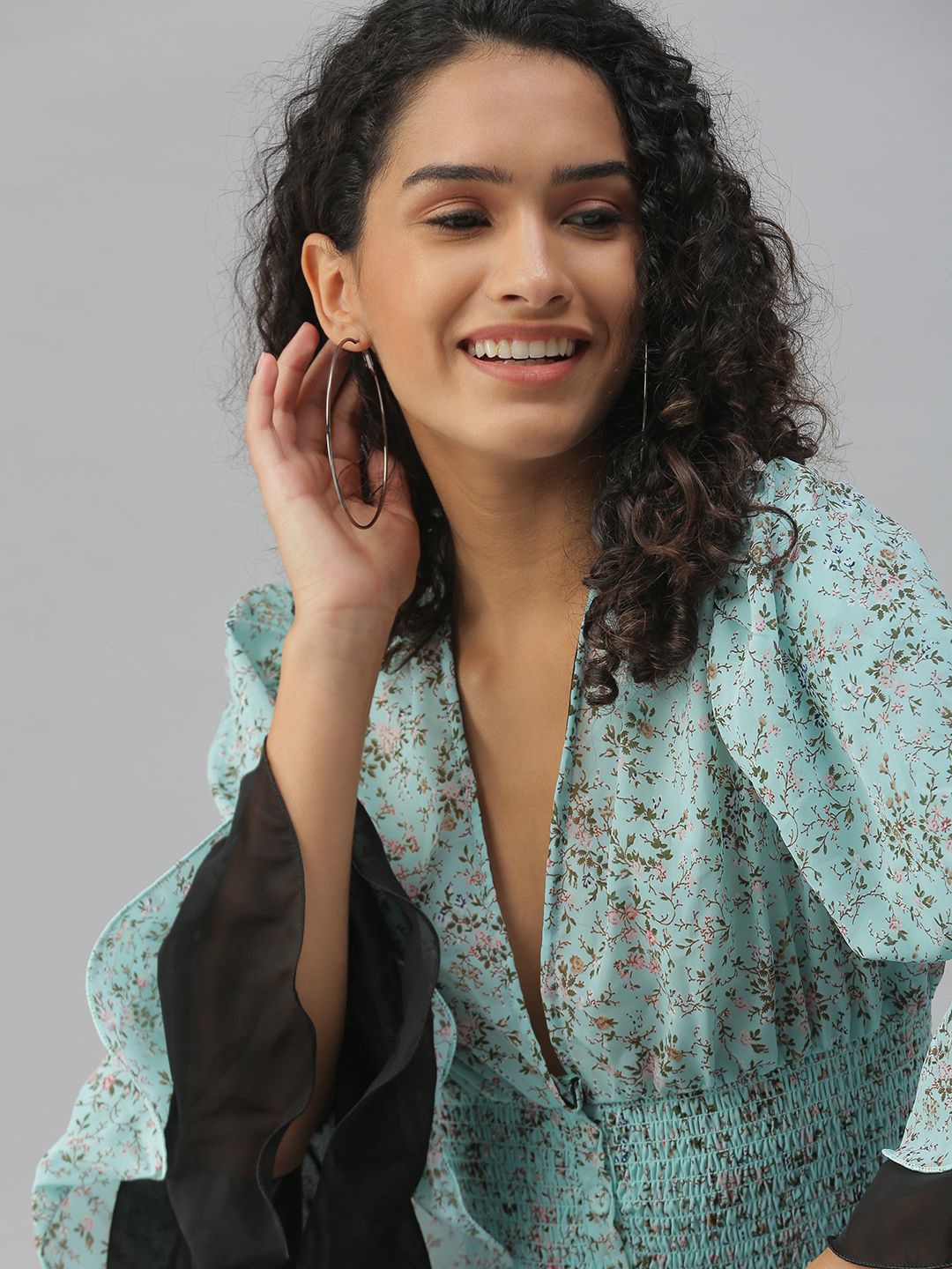 SHOWOFF Women Floral Printed Puff Sleeve Cinched Waist Top, Turquoise blue