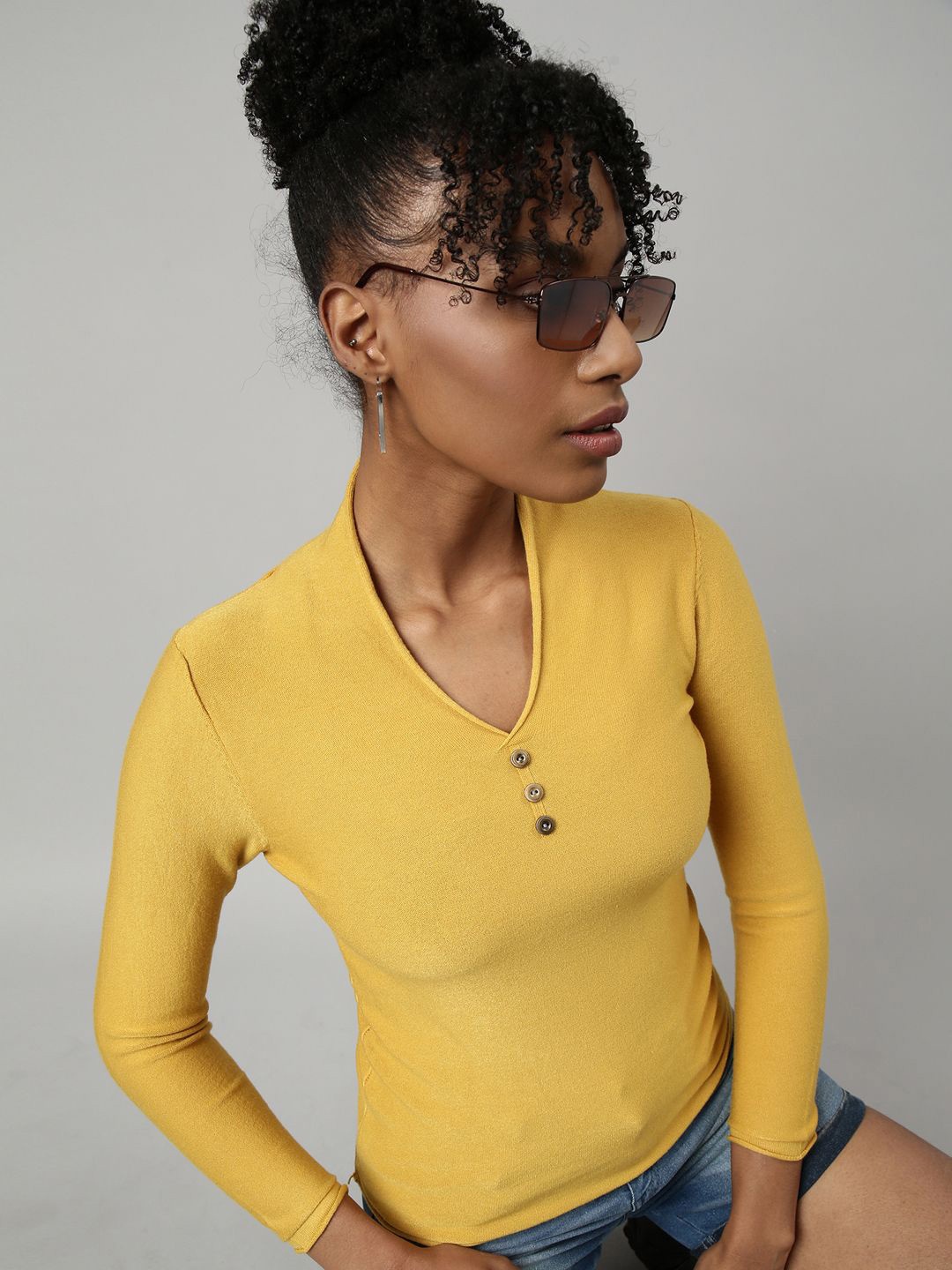 

SHOWOFF Women V-Neck Fitted Top, Yellow