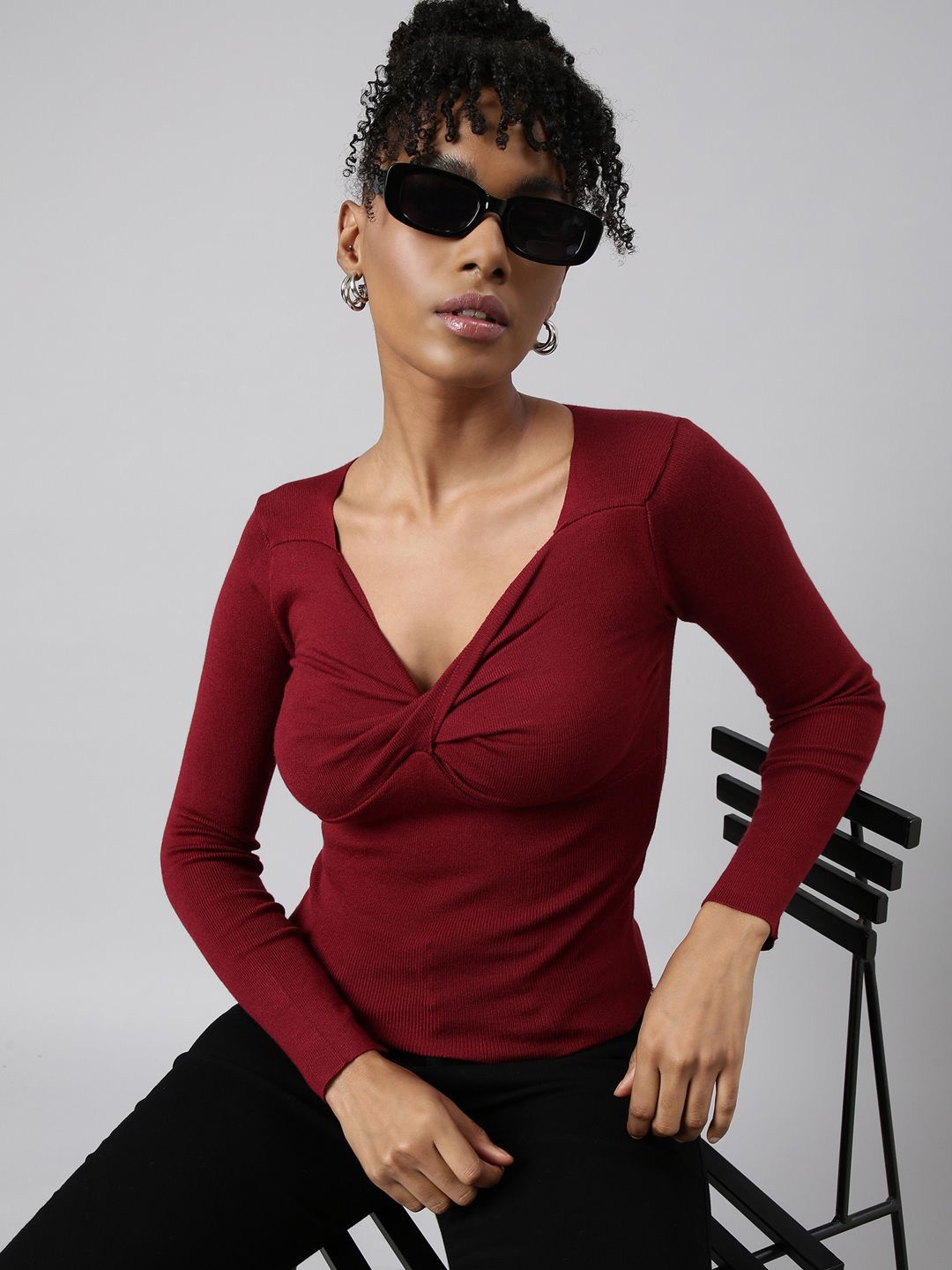 

SHOWOFF Women Twisted Long Sleeves Top, Maroon