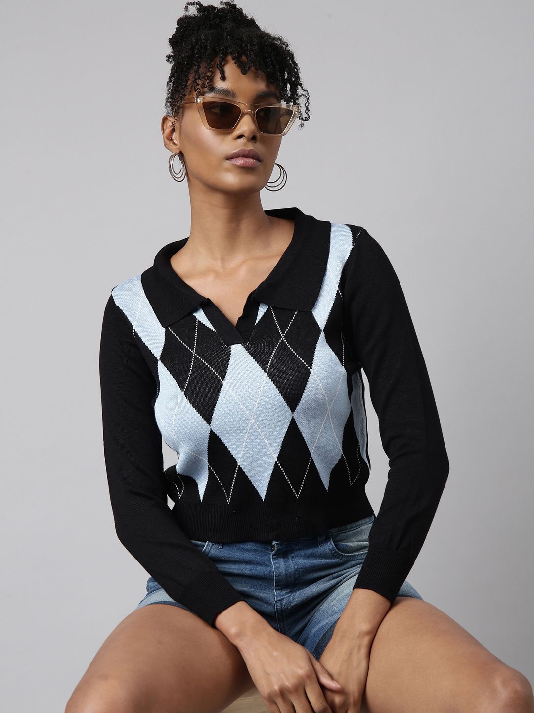 

SHOWOFF Women Shirt Collar Self Design Crop Top, Black