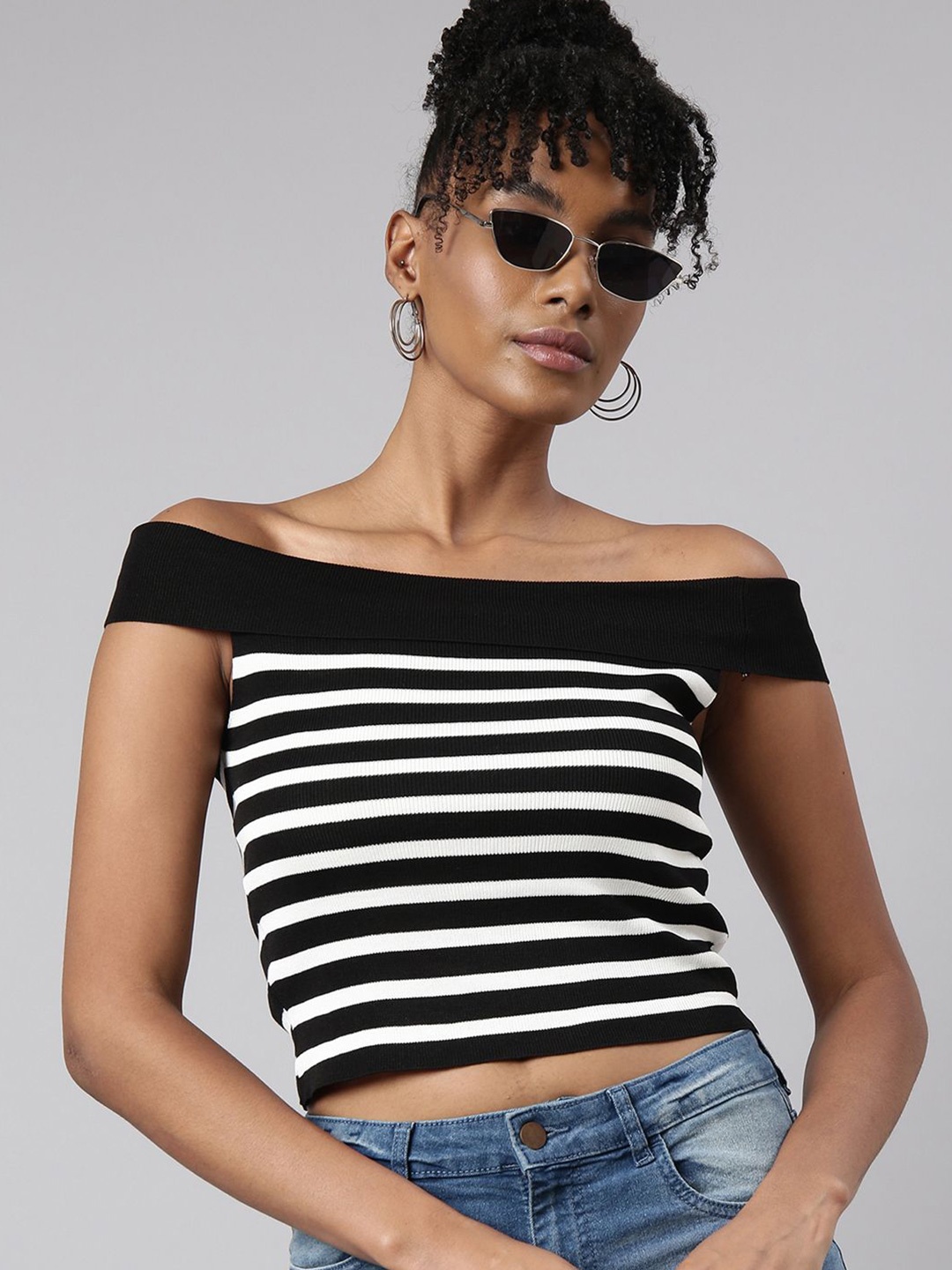 

SHOWOFF Women Striped Off-Shoulder Monochrome Crop Top, Black