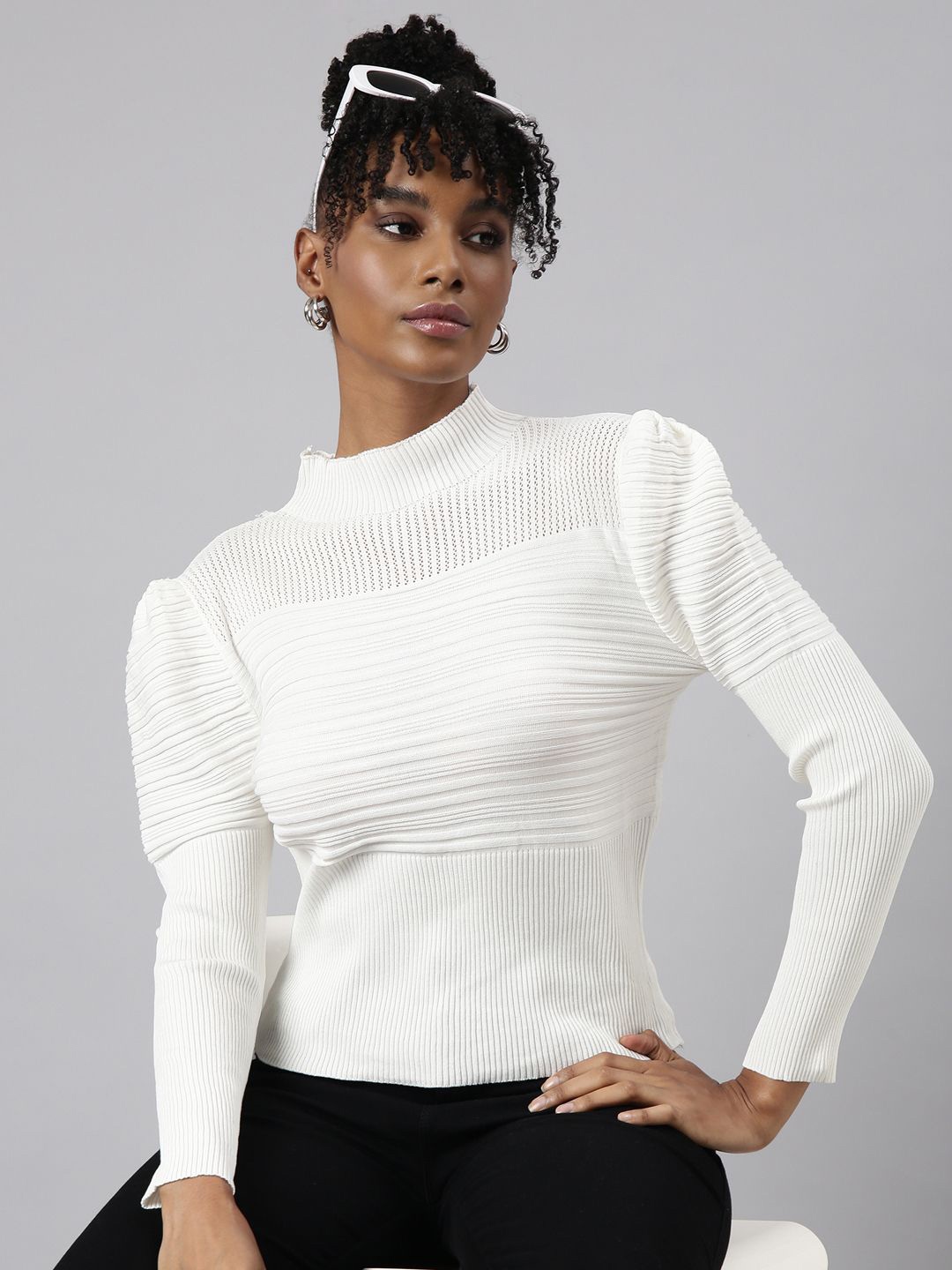 

SHOWOFF Women Self Design Puff Sleeve Top, Off white