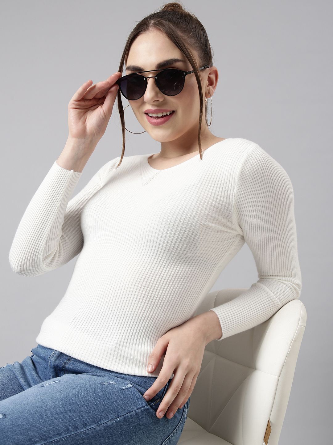 

SHOWOFF Women Ribbed Fitted Top, Off white