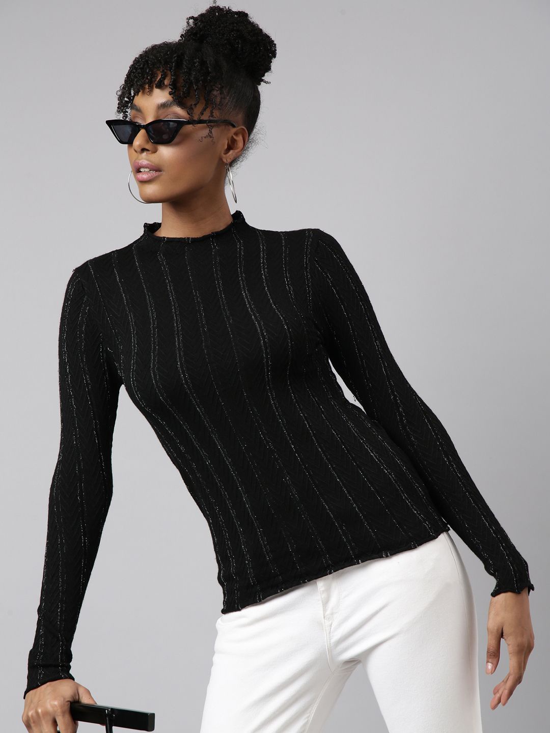 

SHOWOFF Women Self Design High Neck Fitted Top, Black