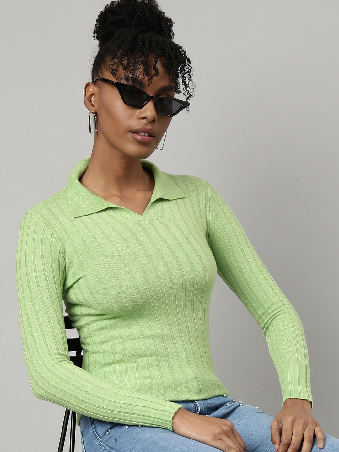 

SHOWOFF Women Self Design Shirt Collar Fitted Top, Green