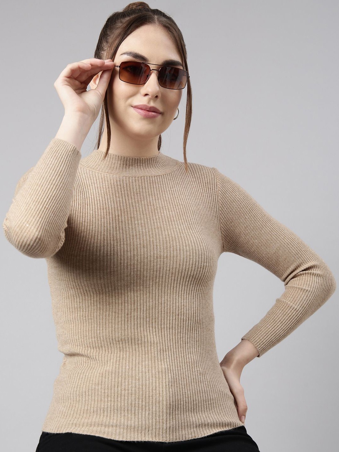 

SHOWOFF Women High Neck Fitted Top, Beige