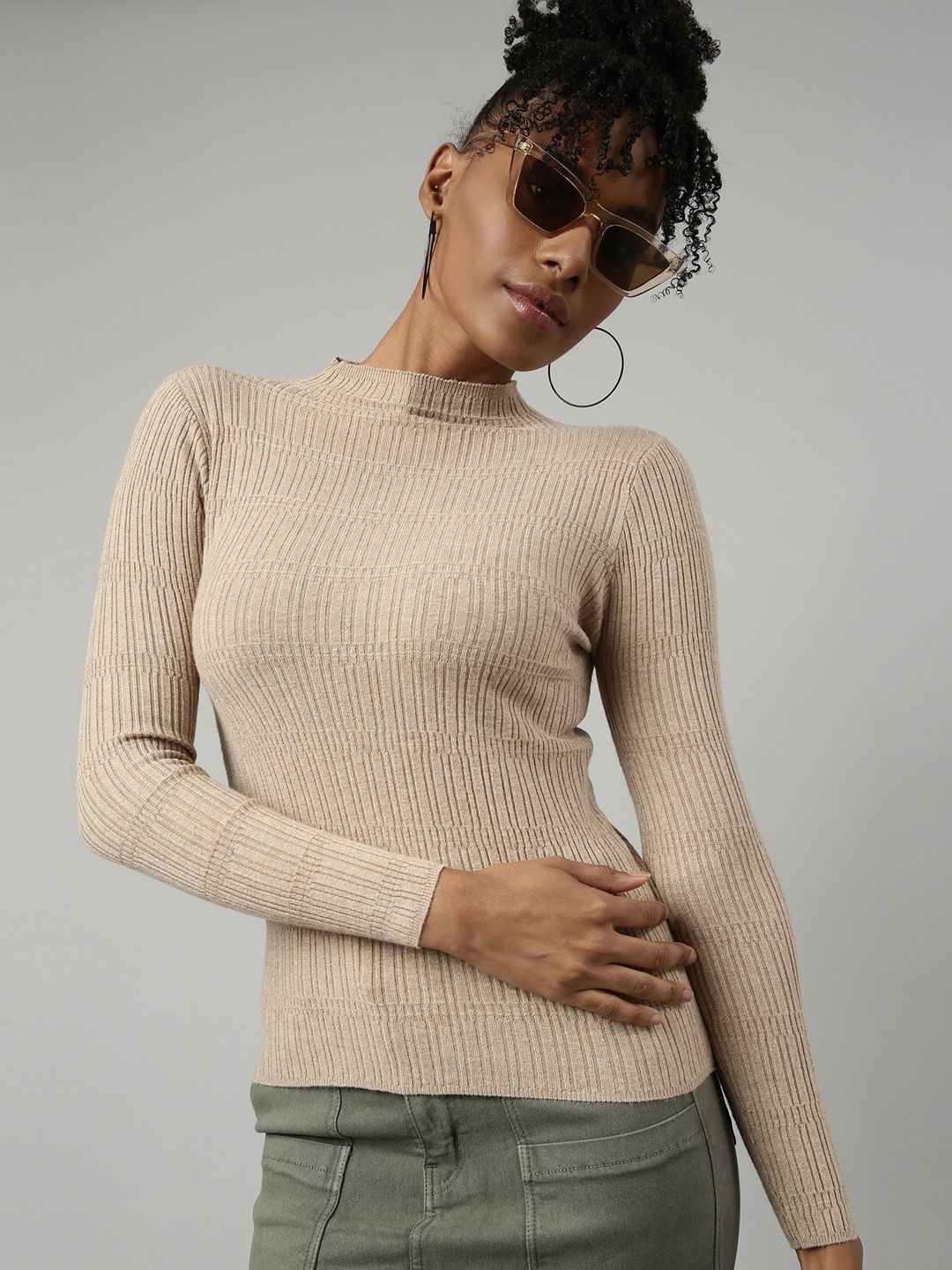

SHOWOFF Women High Neck Crop Top, Beige
