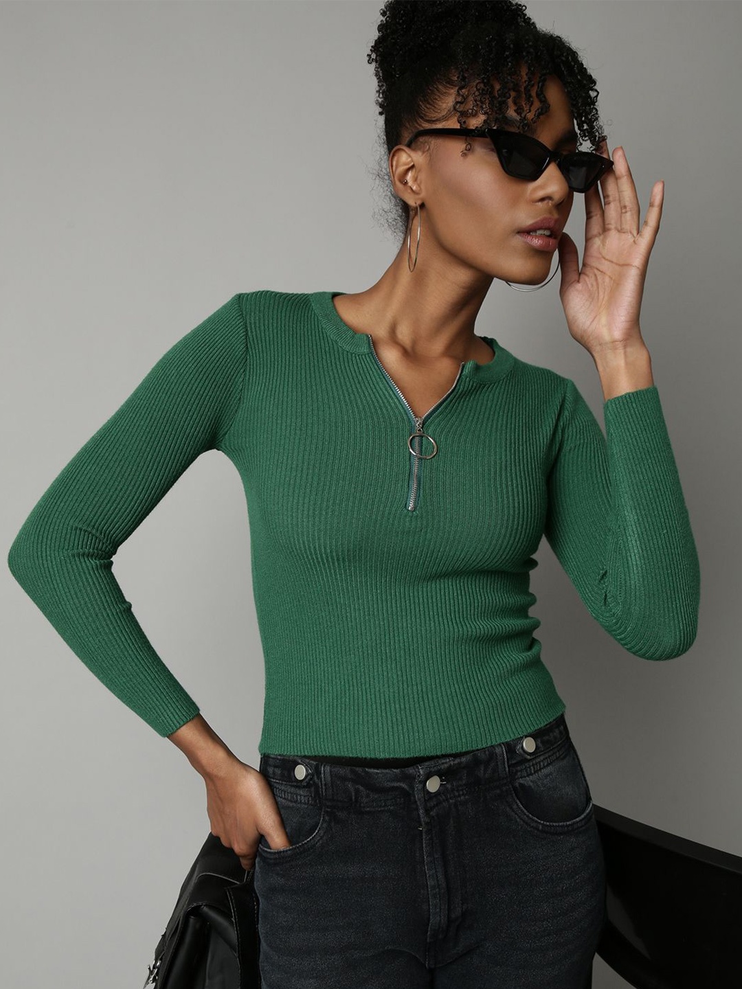 

SHOWOFF Women Ribbed Fitted Top, Green