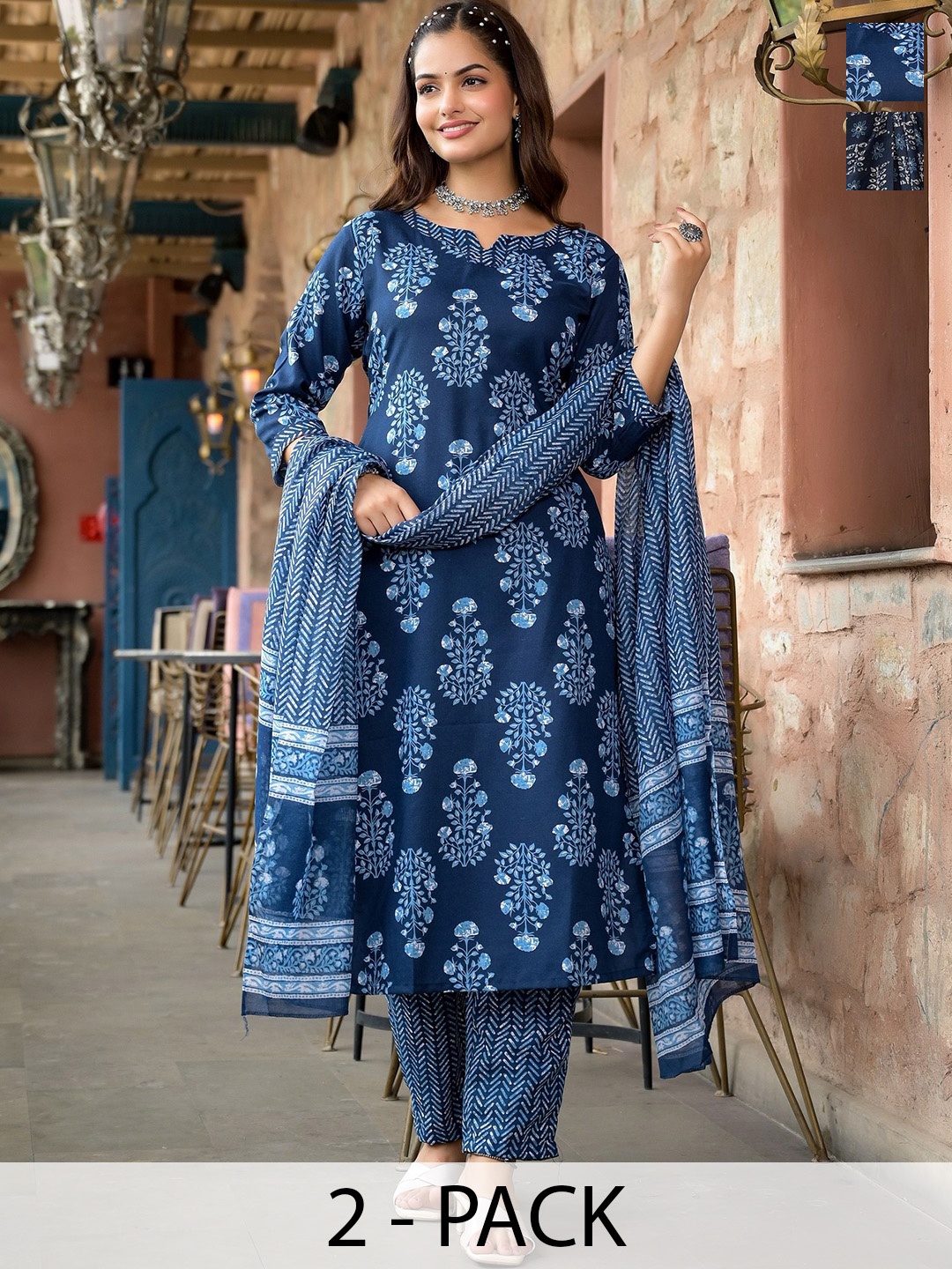 

KALINI Women Ethnic Motifs Printed Regular Kurta with Trousers & With Dupatta, Blue