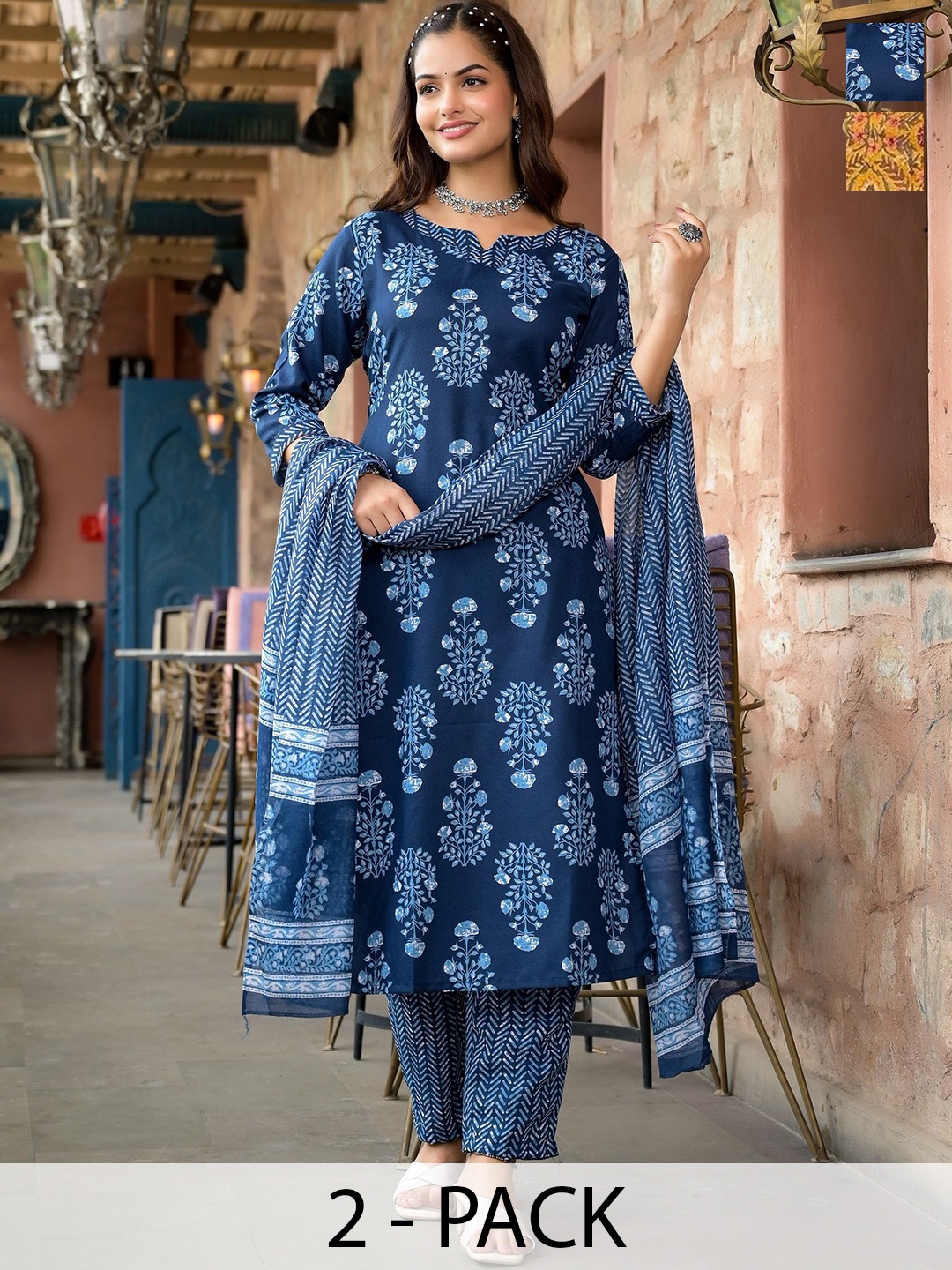 

KALINI Women Ethnic Motifs Printed Regular Kurta with Trousers & With Dupatta, Blue