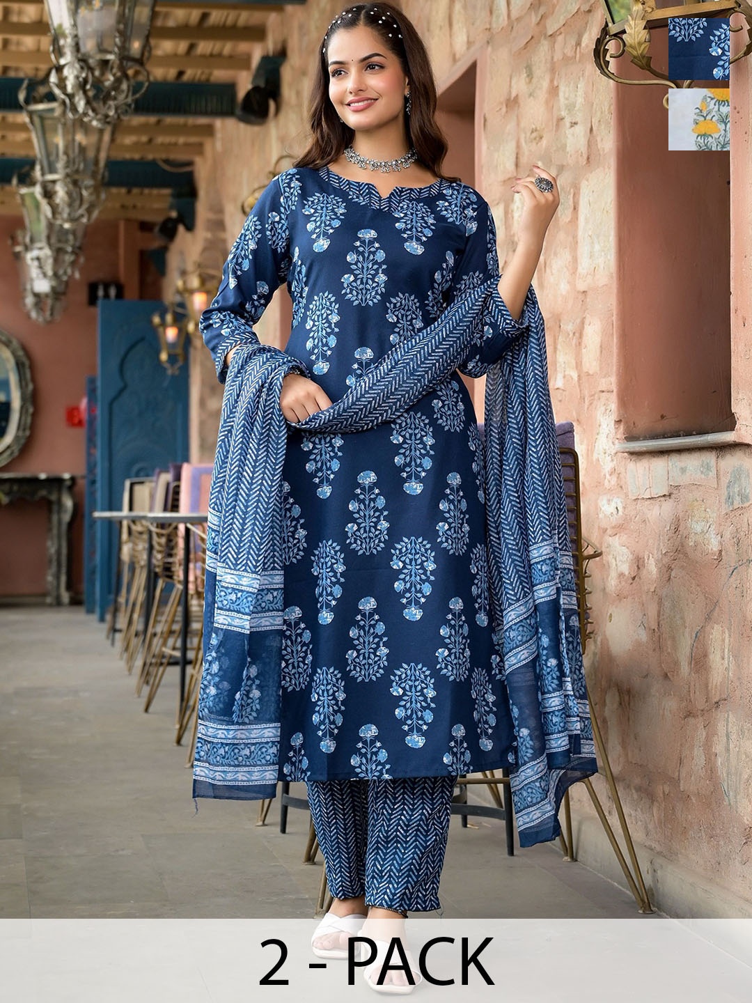 

KALINI Women Floral Printed Regular Kurta with Trousers & With Dupatta, Blue