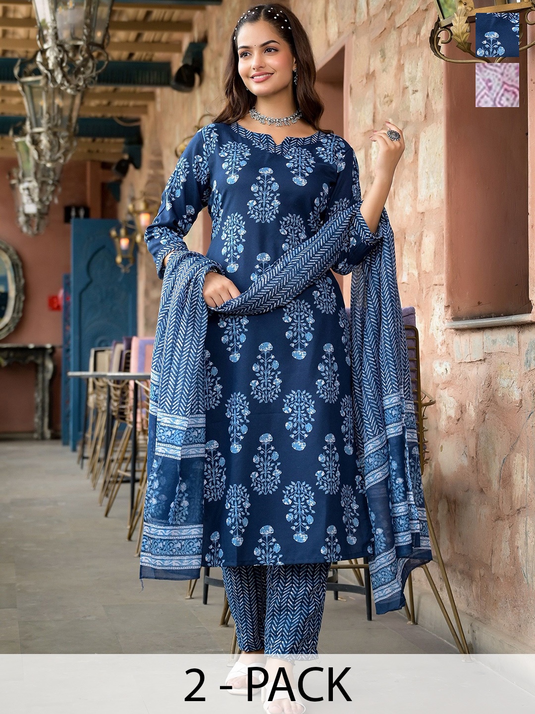 

KALINI Women Ethnic Motifs Printed Regular Kurta with Trousers & With Dupatta, Blue