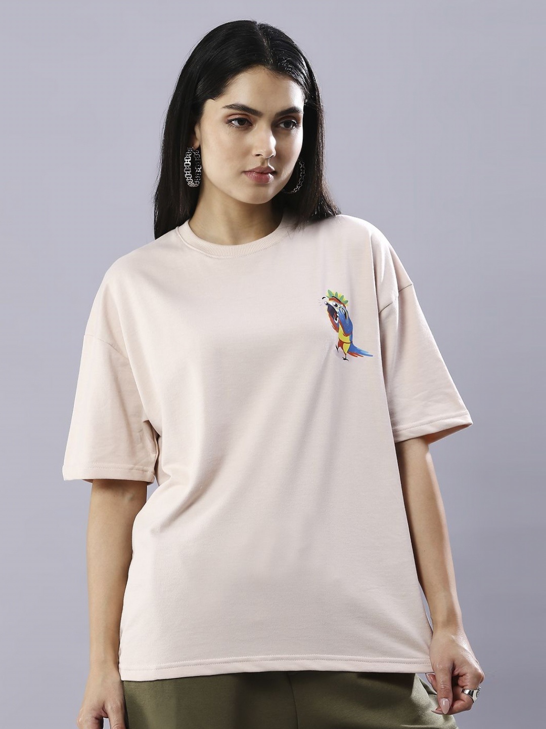 

HOUSE OF RS Women Tropicana Parrot Printed Oversized T-shirt, Peach