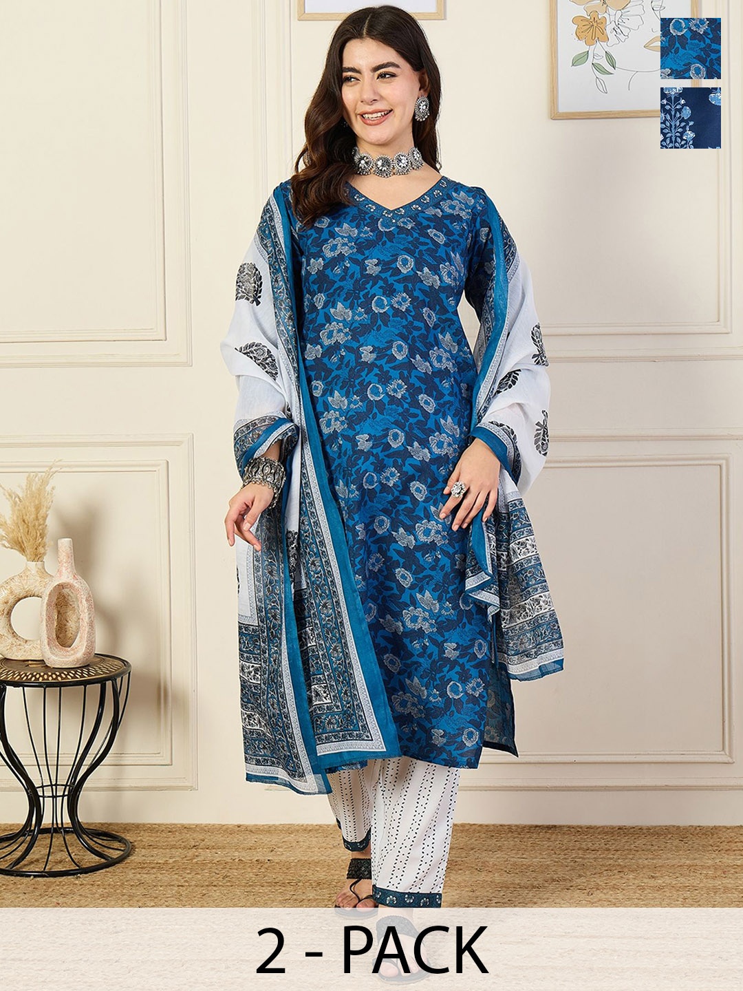 

KALINI Women Ethnic Motifs Printed Regular Kurta with Trousers & With Dupatta, Blue