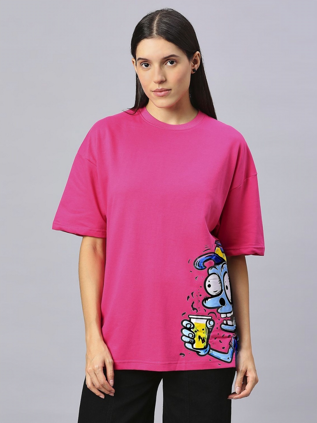 

HOUSE OF RS Women Beer Zombie Printed Oversized T-shirt, Pink