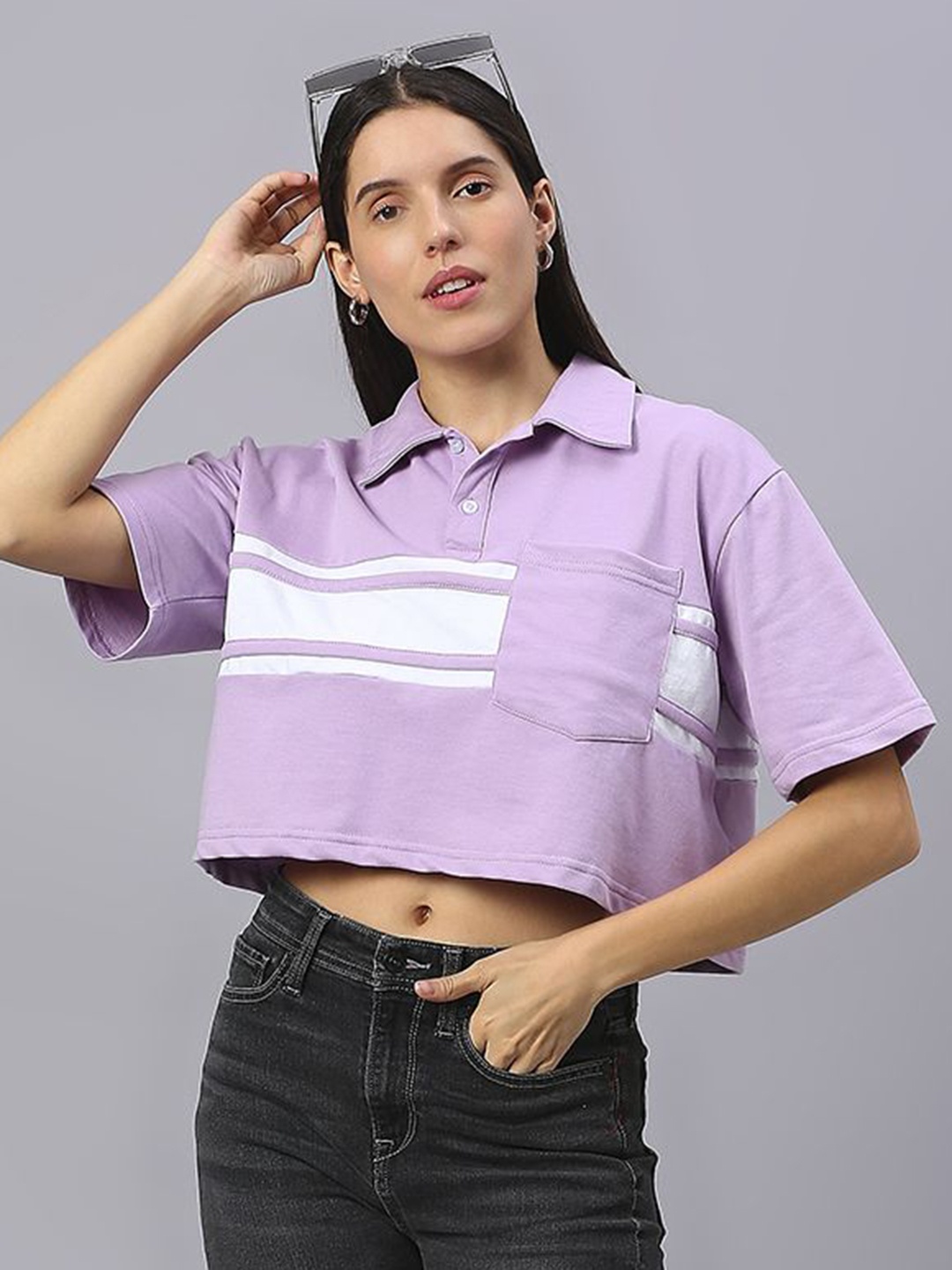 

HOUSE OF RS Women Lace Striped Oversized Crop T-shirt, Purple