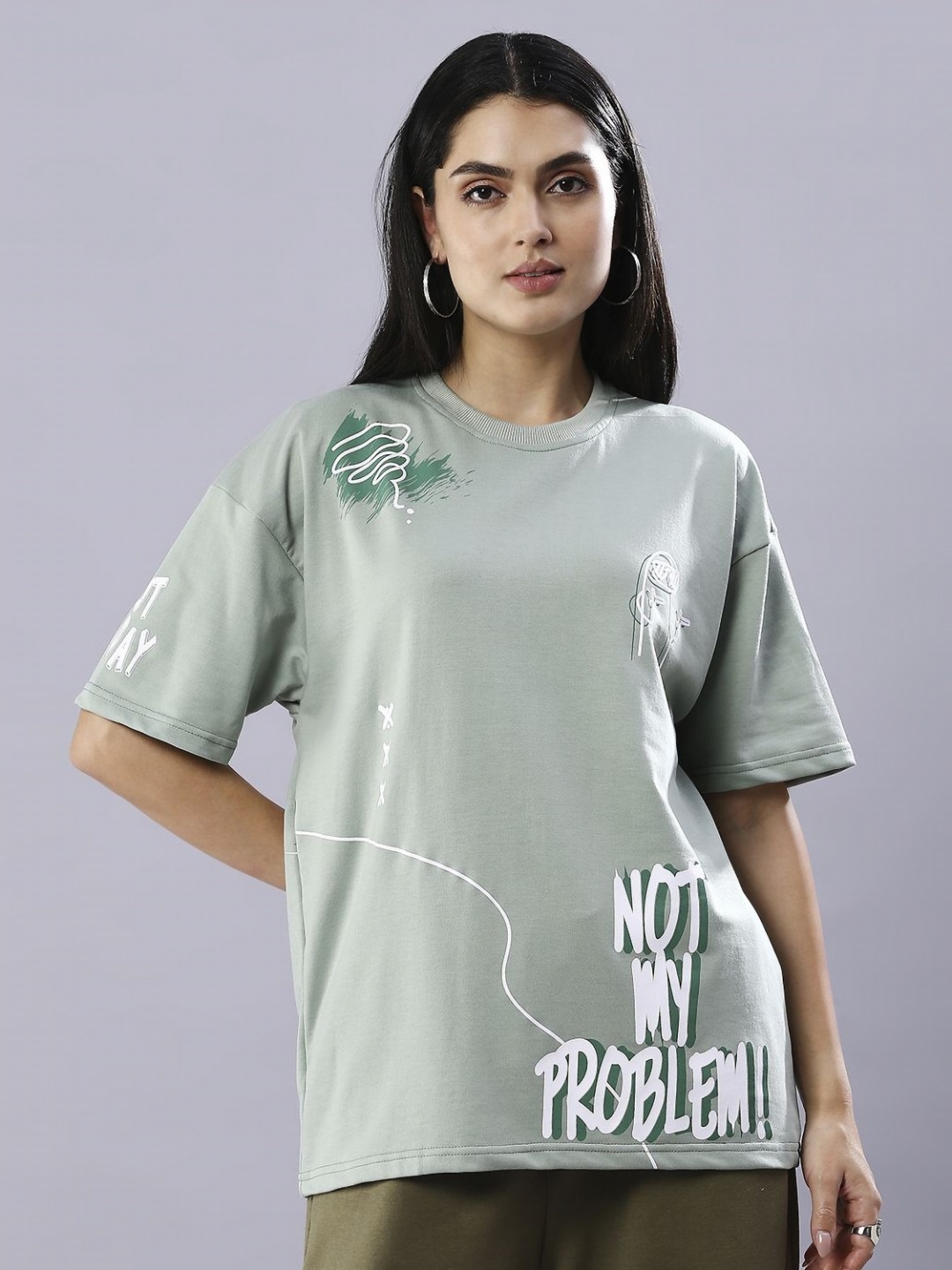 

HOUSE OF RS Women Typography Printed Oversized T-shirt, Green