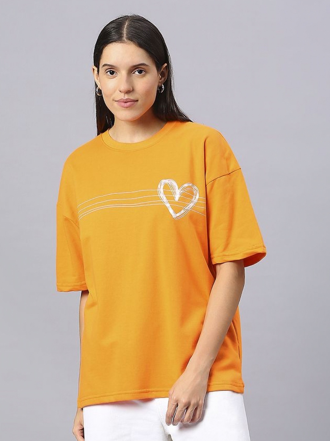 

HOUSE OF RS Women Scribbled Heart Printed Oversized T-shirt, Orange