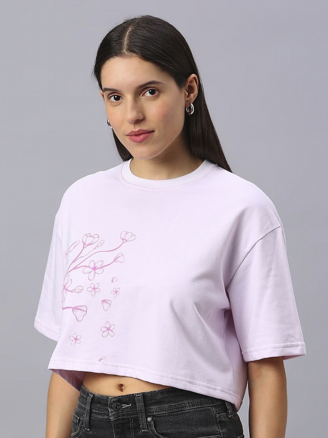 

HOUSE OF RS Women Rosy Meadow Printed Oversized Crop T-shirt, Lavender