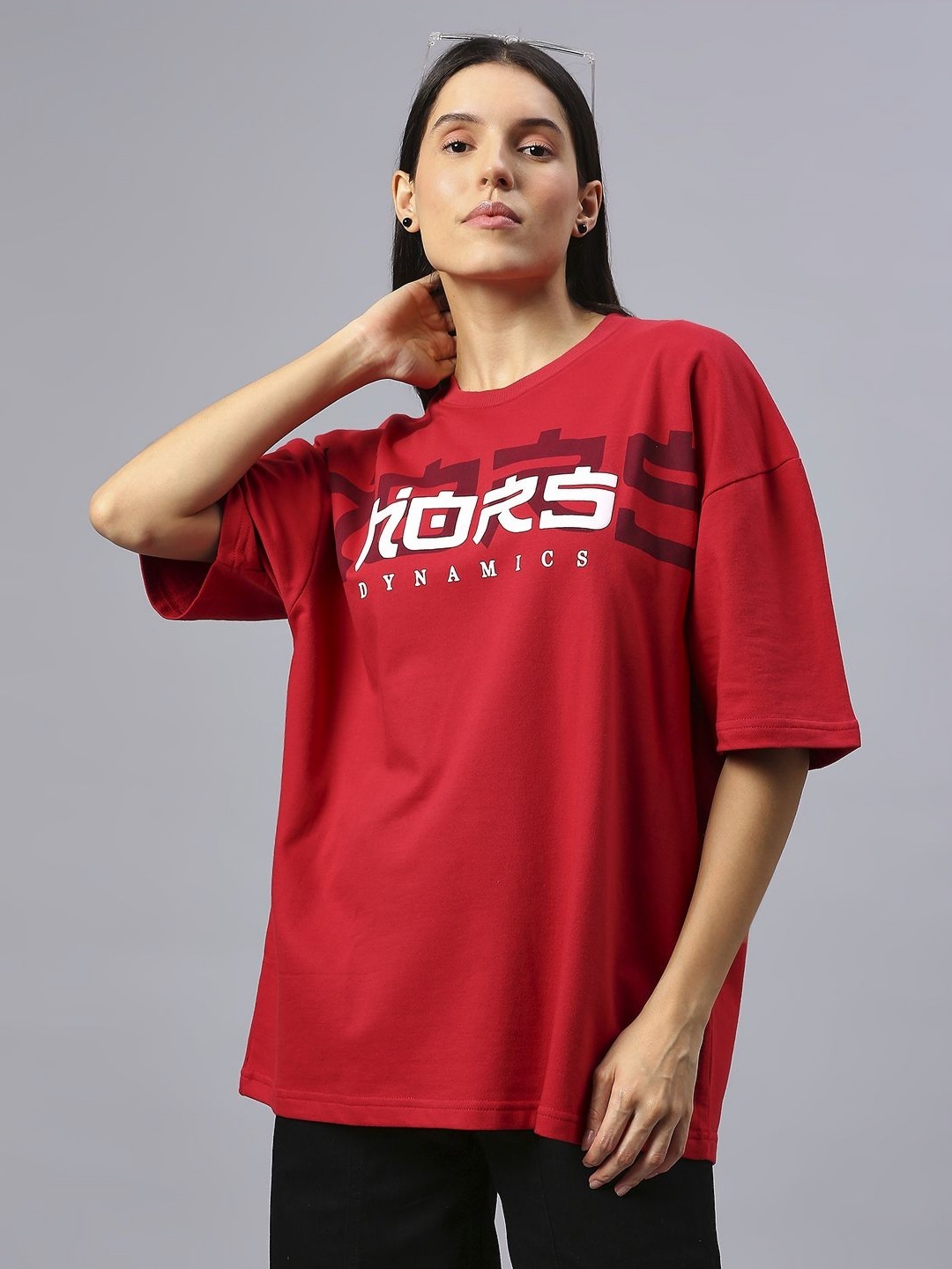 

HOUSE OF RS Women HORS Dynamics Printed Oversized T-shirt, Red