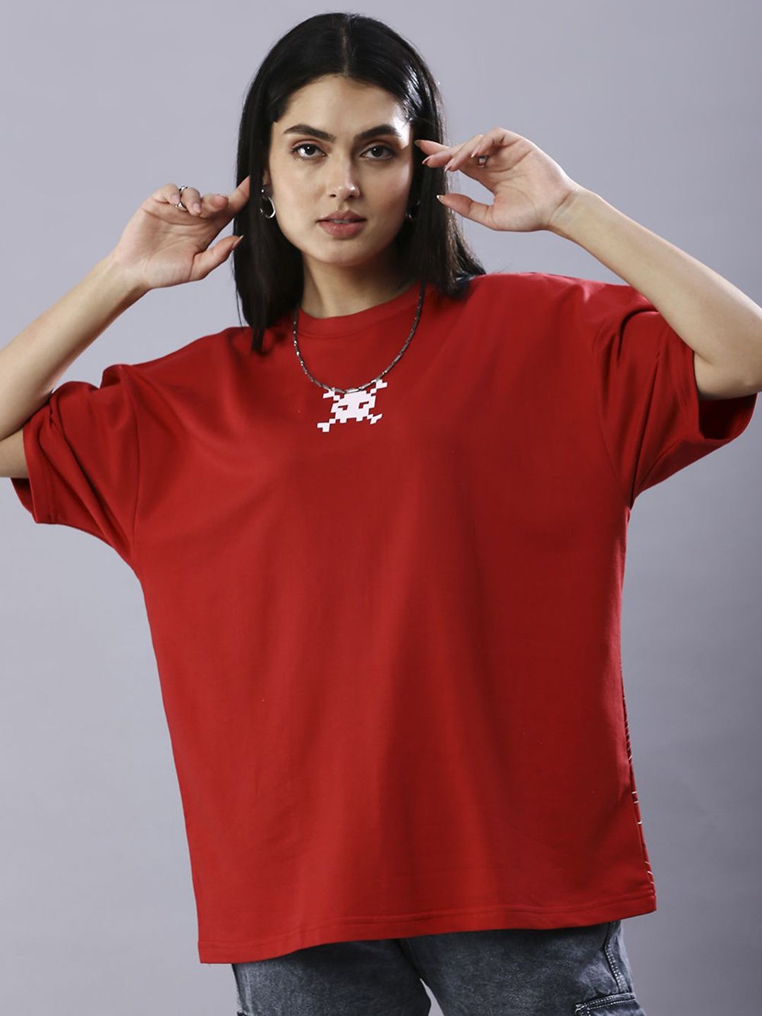 

HOUSE OF RS Women Tekno Anonymous Hacker Printed Oversized T-shirt, Red
