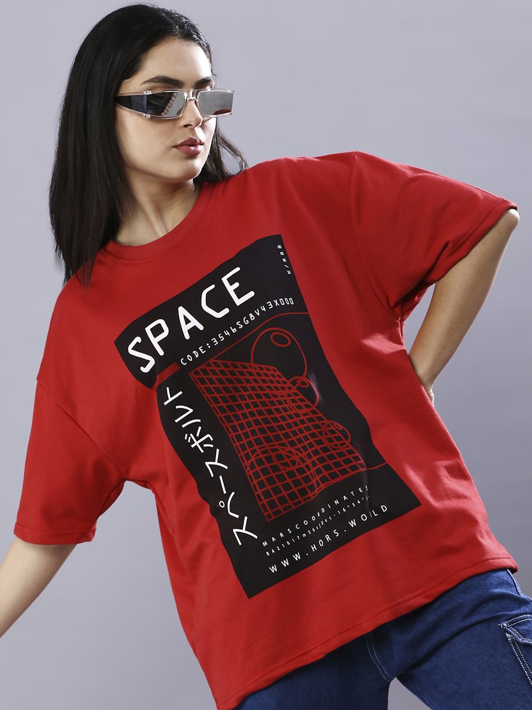 

HOUSE OF RS Women Crimson Space Printed Oversized T-shirt, Red
