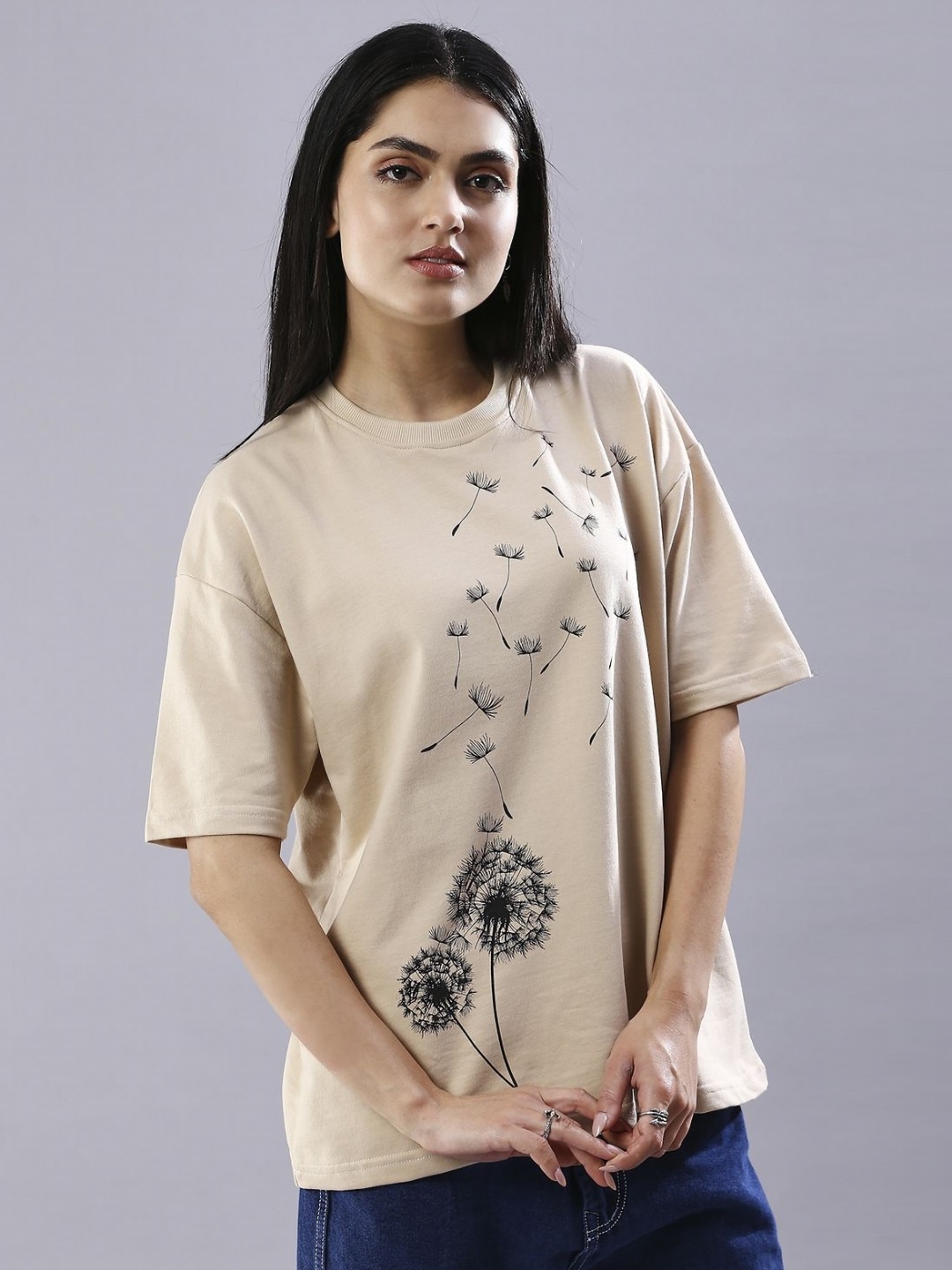 

HOUSE OF RS Women Field of Dandelions Printed Oversized T-shirt, Beige