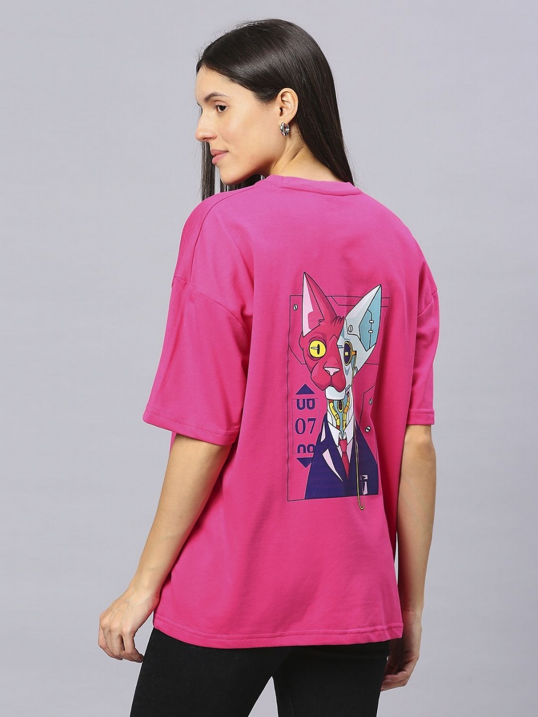 

HOUSE OF RS Women Kitty 9 Lives Printed Oversized T-shirt, Pink