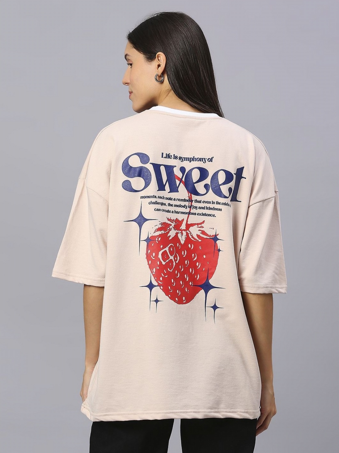 

HOUSE OF RS Women Symphony of Sweet Printed Oversized T-shirt, Beige