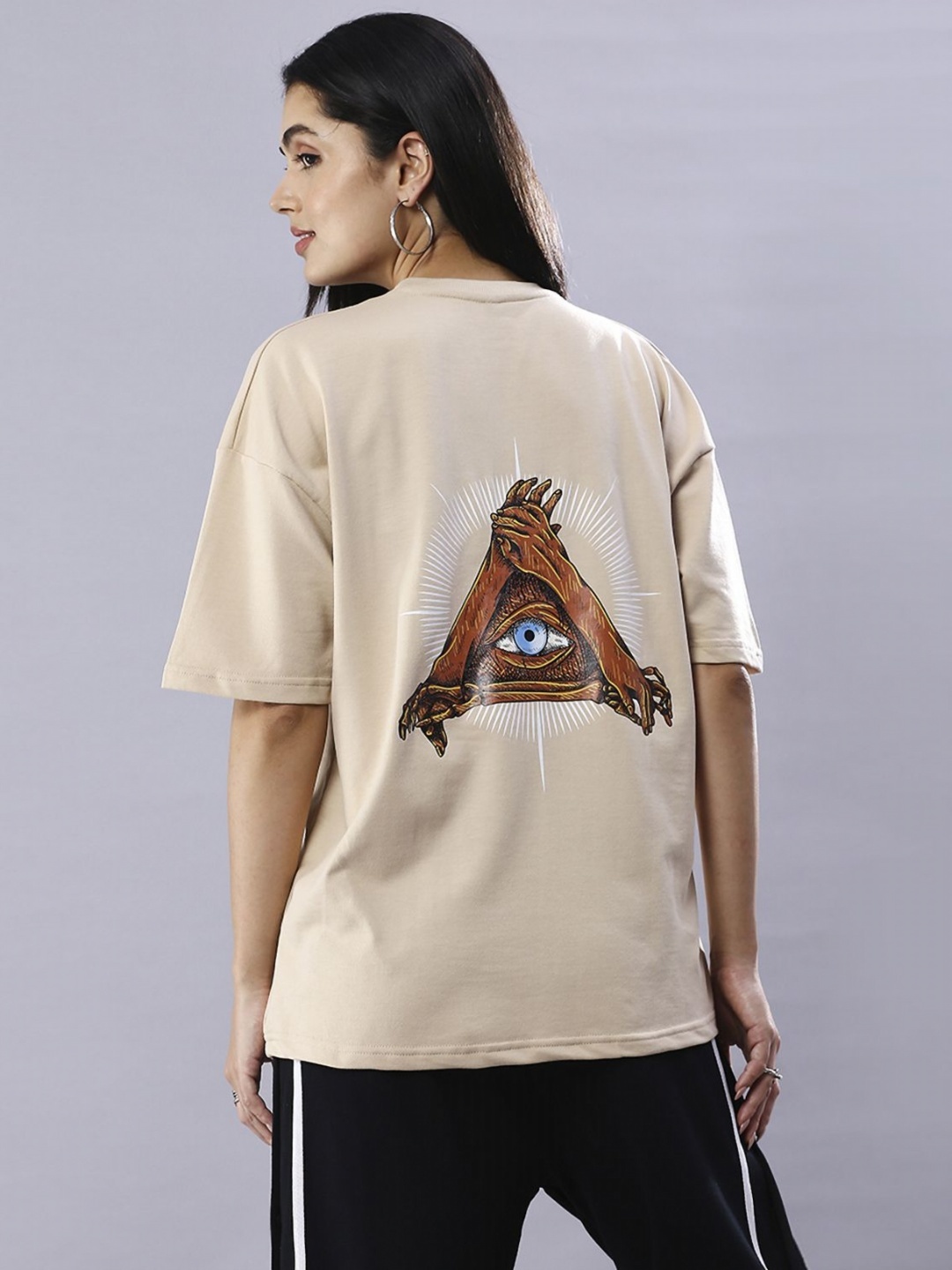 HOUSE OF RS Women Graphic Printed Oversized Crop T-shirt, Beige