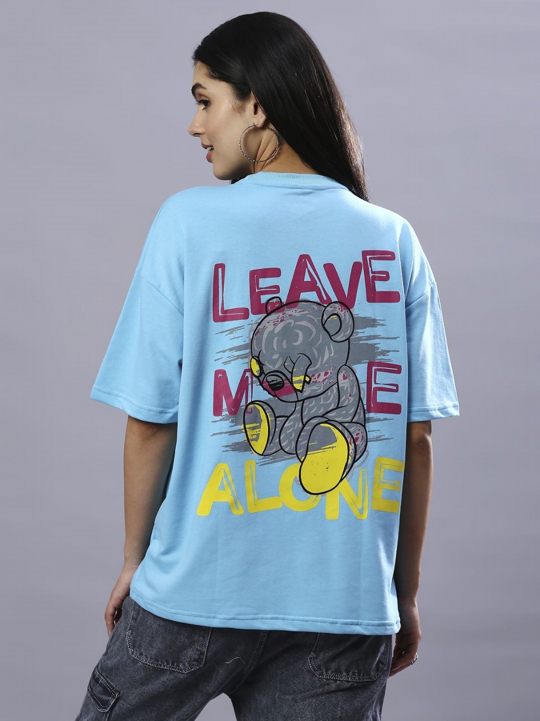 

HOUSE OF RS Women Leave Me Alone Printed Oversized T-shirt, Turquoise blue