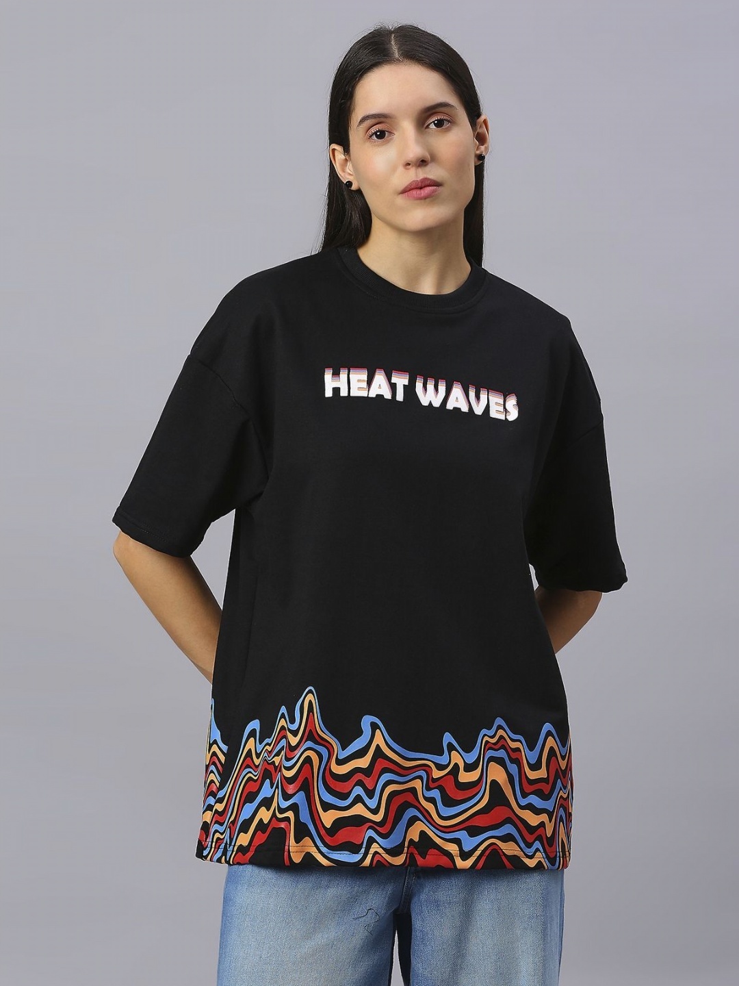 

HOUSE OF RS Women Tekno Heat Waves Printed Oversized T-shirt, Black