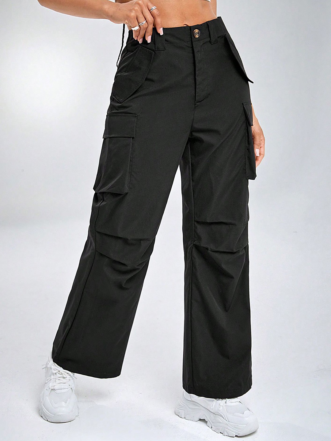 

LULU & SKY Women Straight Fit High-Rise Cargos Trousers, Black
