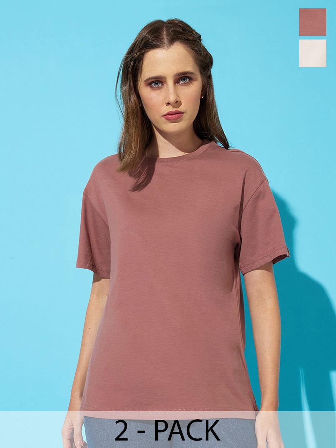 

The Roadster Lifestyle Co. Women Pack Of 2 Solid Round Neck Cotton Oversized T-shirts, Brown