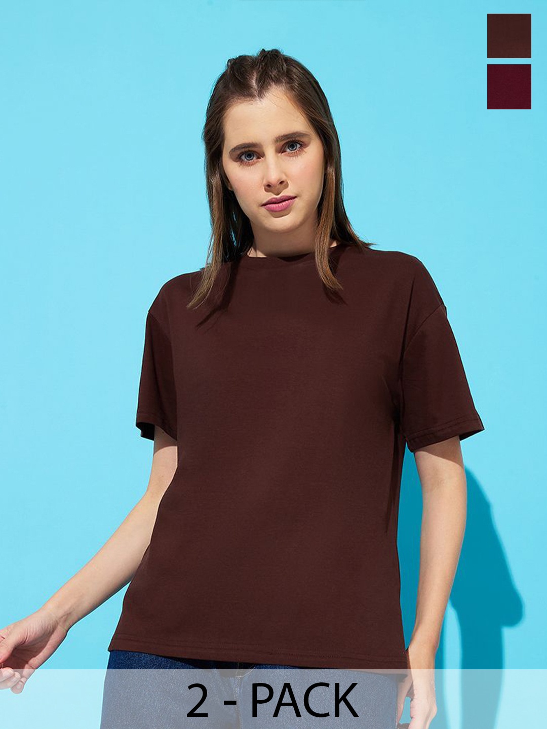 

The Roadster Lifestyle Co. Women Pack Of 2 Solid Round Neck Cotton Oversized T-shirts, Brown