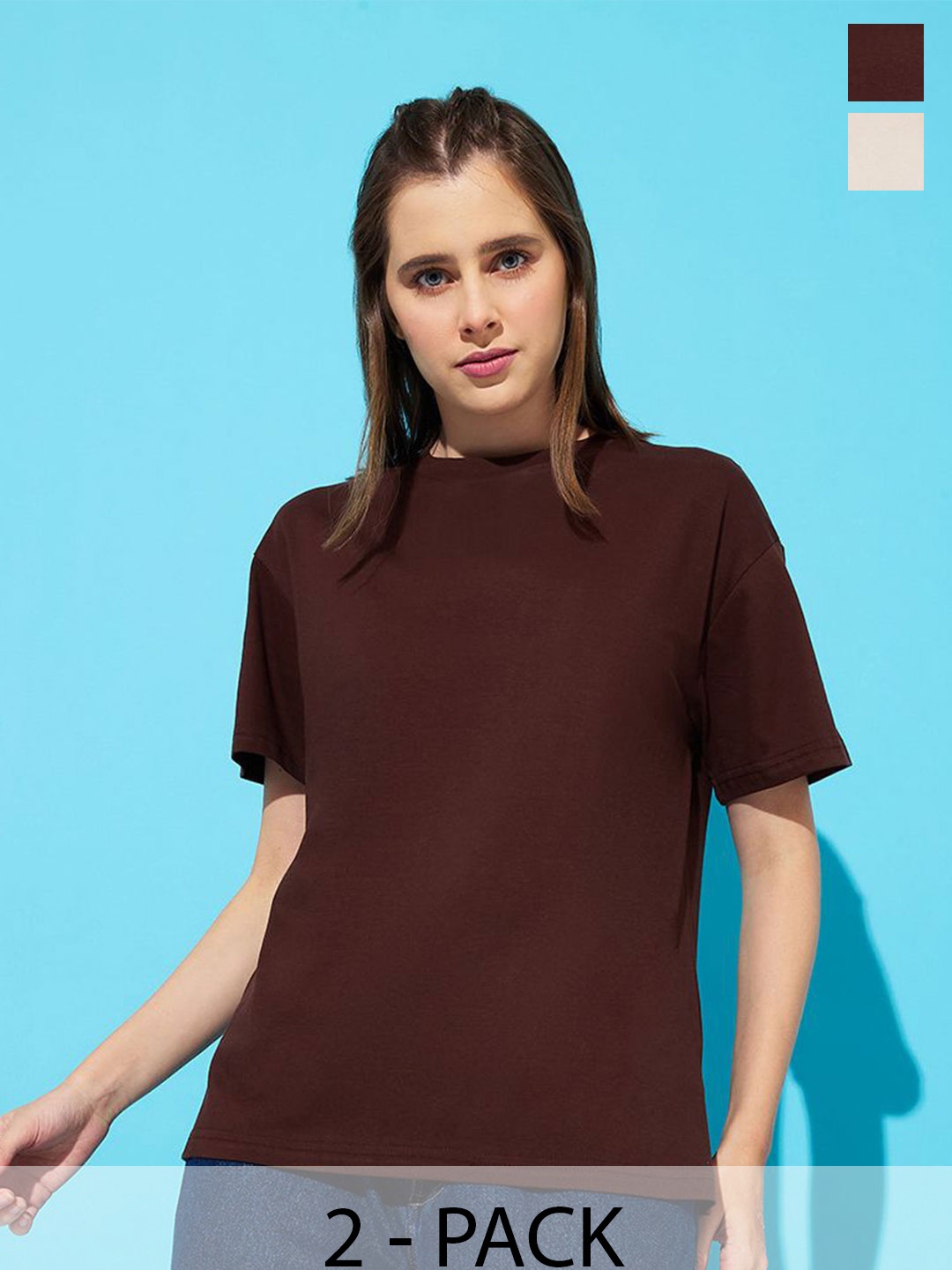 

The Roadster Lifestyle Co. Women Pack Of 2 Solid Round Neck Cotton Oversized T-shirts, Coffee brown