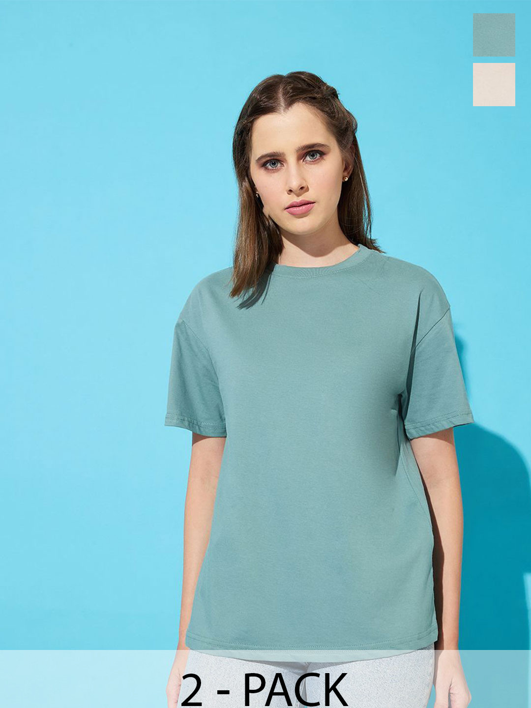 

The Roadster Lifestyle Co. Women Pack Of 2 Solid Round Neck Cotton Oversized T-shirts, Sea green