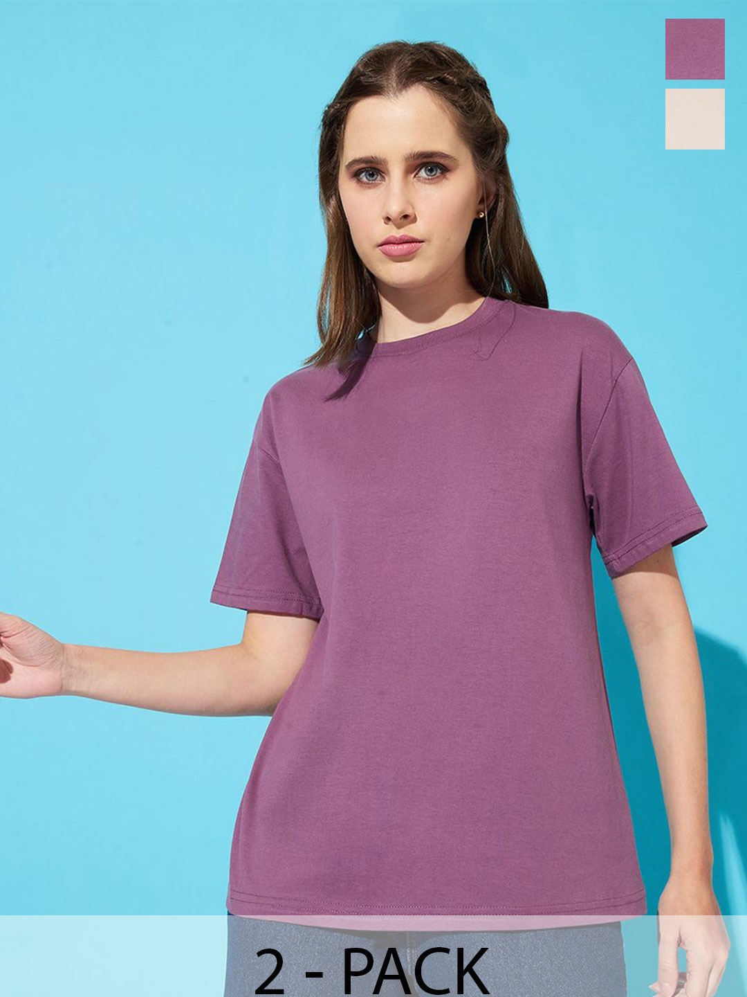 

The Roadster Lifestyle Co. Women Pack Of 2 Solid Round Neck Cotton Oversized T-shirts, Purple