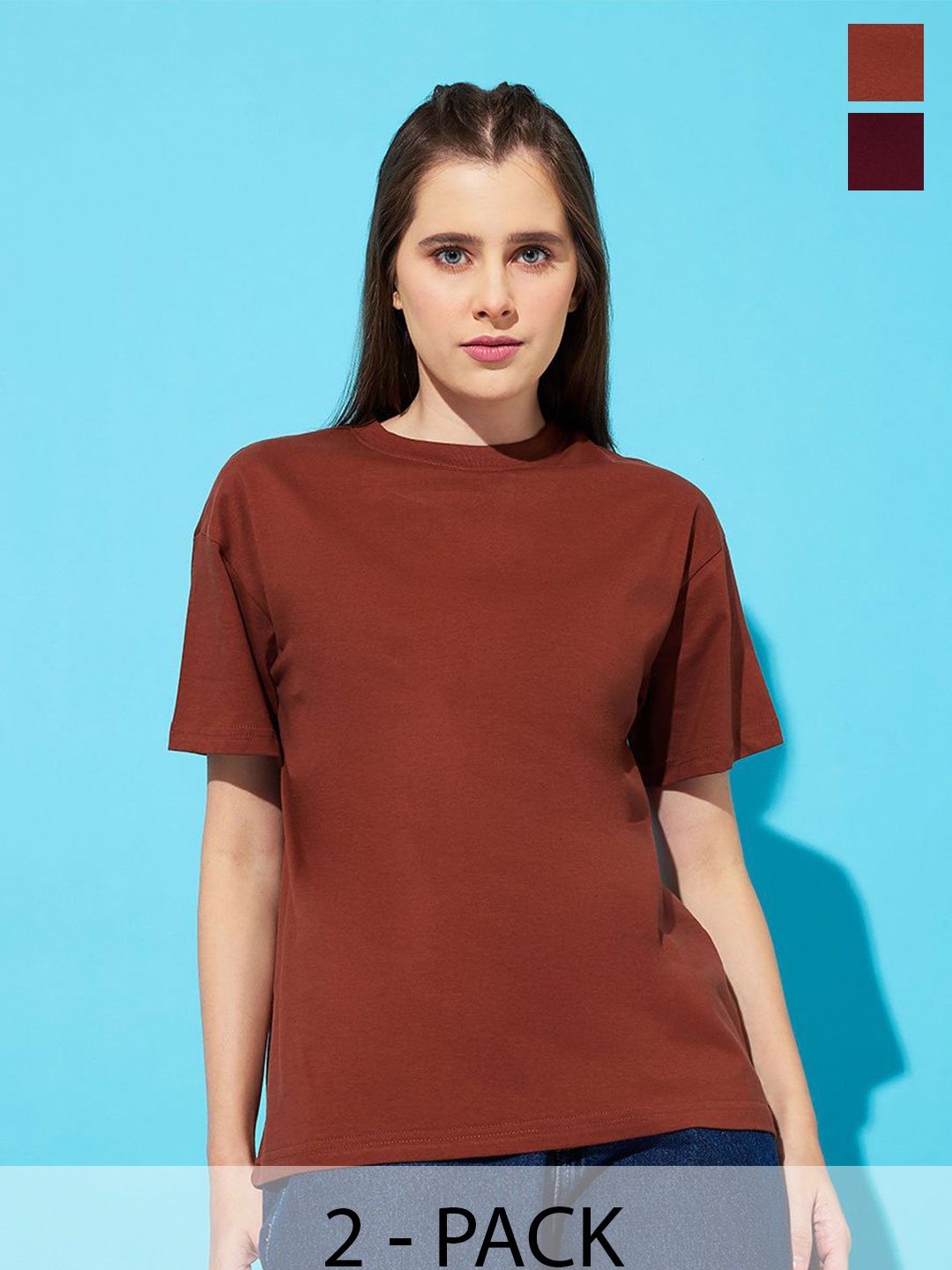 

The Roadster Lifestyle Co. Women Pack Of 2 Solid Round Neck Cotton Oversized T-shirts, Brown