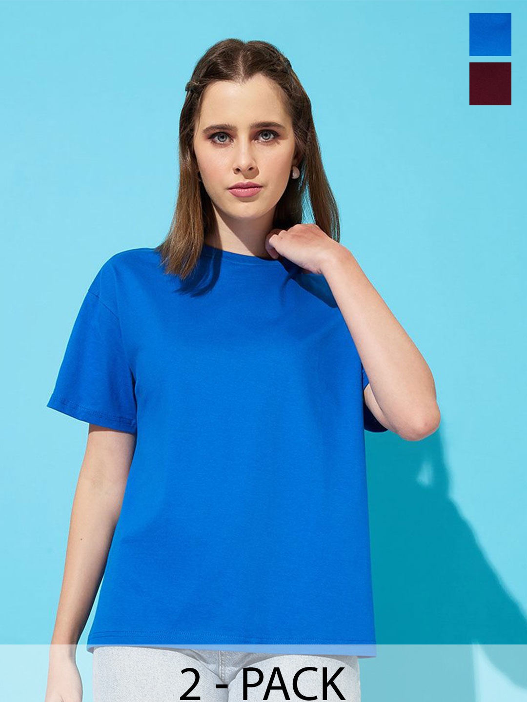 

The Roadster Lifestyle Co. Women Pack Of 2 Solid Round Neck Cotton Oversized T-shirts, Maroon