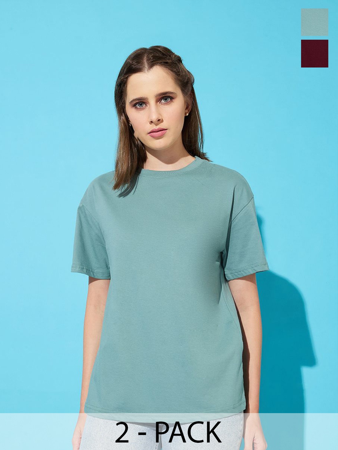 

The Roadster Lifestyle Co. Women Pack Of 2 Solid Round Neck Cotton Oversized T-shirts, Sea green